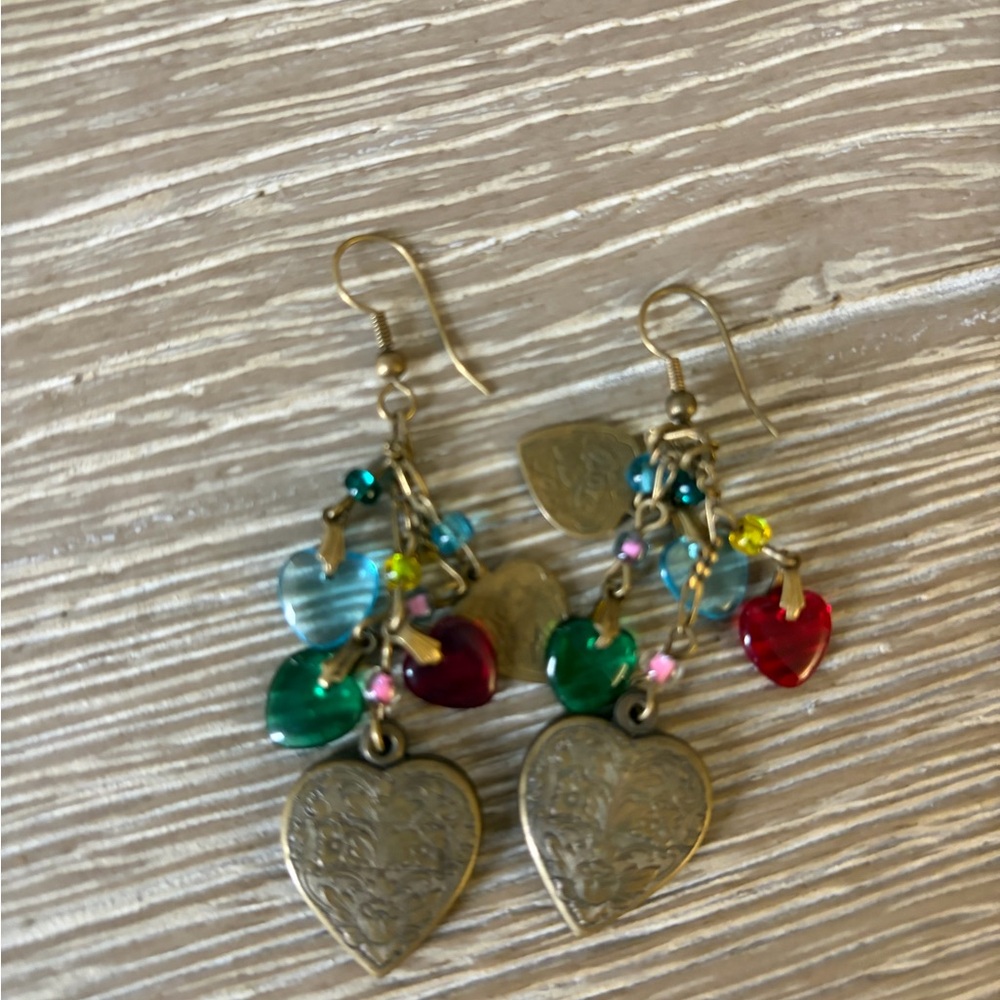 Gold Heart Dangle Earrings with Multicolor Accents vintage